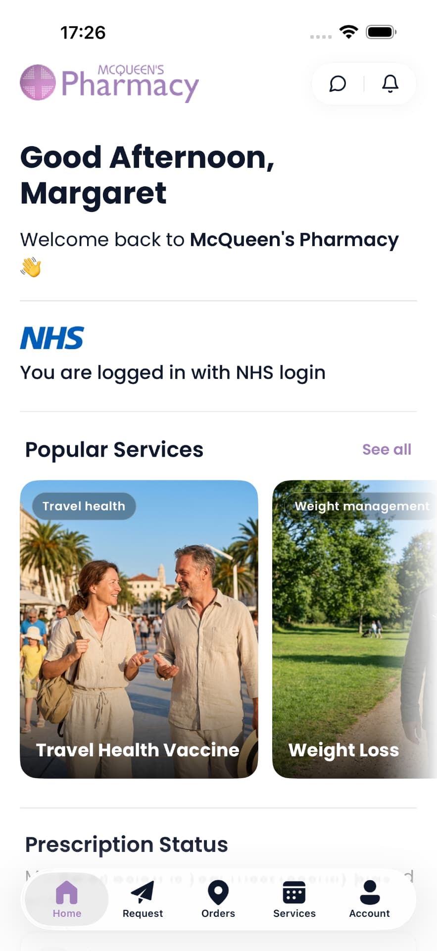 McQueen's Pharmacy mobile app shown on an iPhone